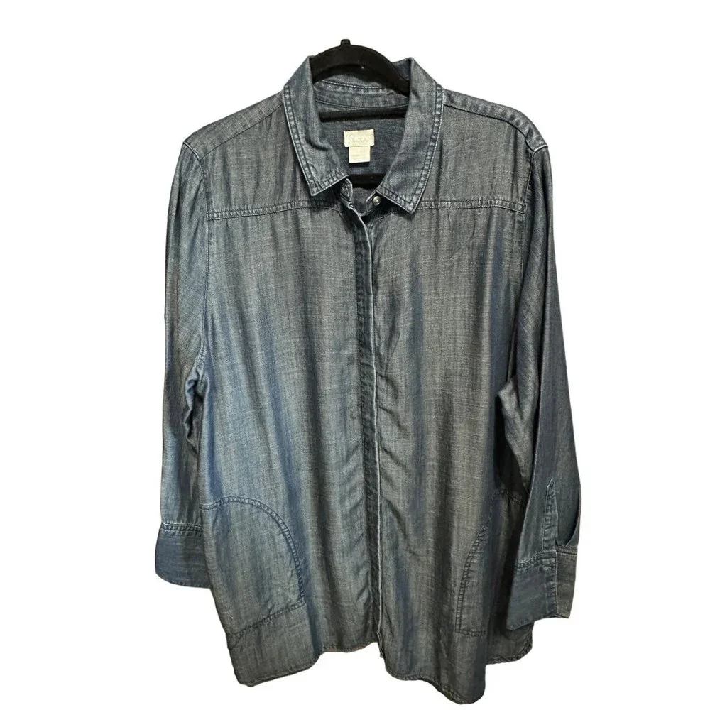 Chico’s size 3 (XL) blue button front long sleeve pockets tunic top - Picture 1 of 7